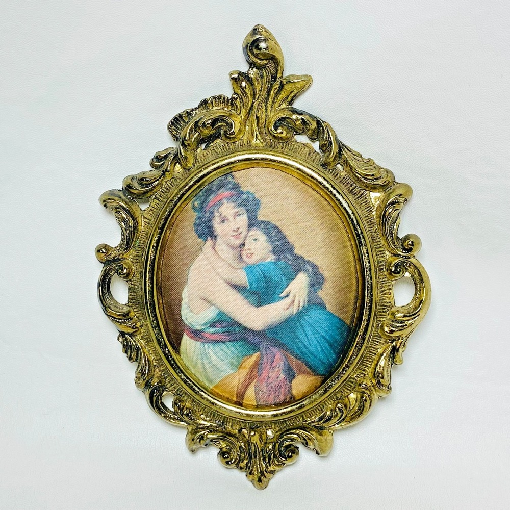 Vintage Mother and Daughter on Silk Padded in Bronze Brass Wall Hanging‎ Frame